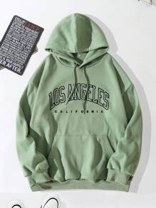 Men Plus Letter Graphic Kangaroo Pocket Drawstring Thermal Hoodie - Mint Green - View 1