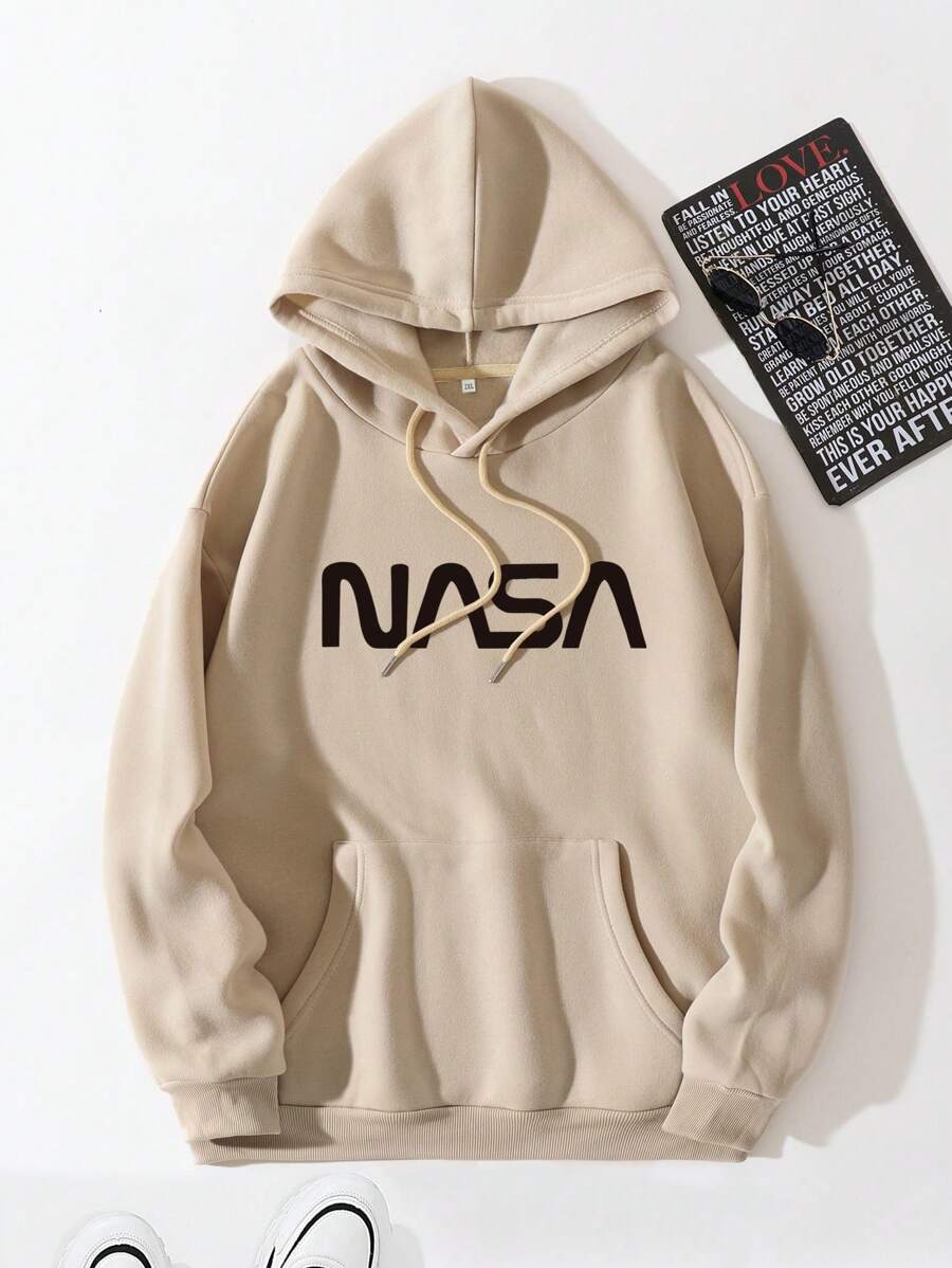 Nam Plus Đồ họa Chữ cái Túi kangaroo Dây rút Lót nhiệt Hoodie - Màu be - Xem 1