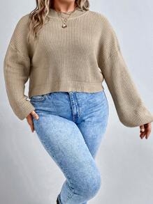 SHEIN LUNE Suéter de punto acanalado con hombros caídos talla grande, suéter de punto de invierno, suéter de otoño - Caqui - Ver 7