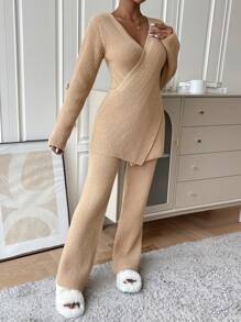 SHEIN LUNE Surplice Neck Sweater & Knit Pants - Apricot - View 3