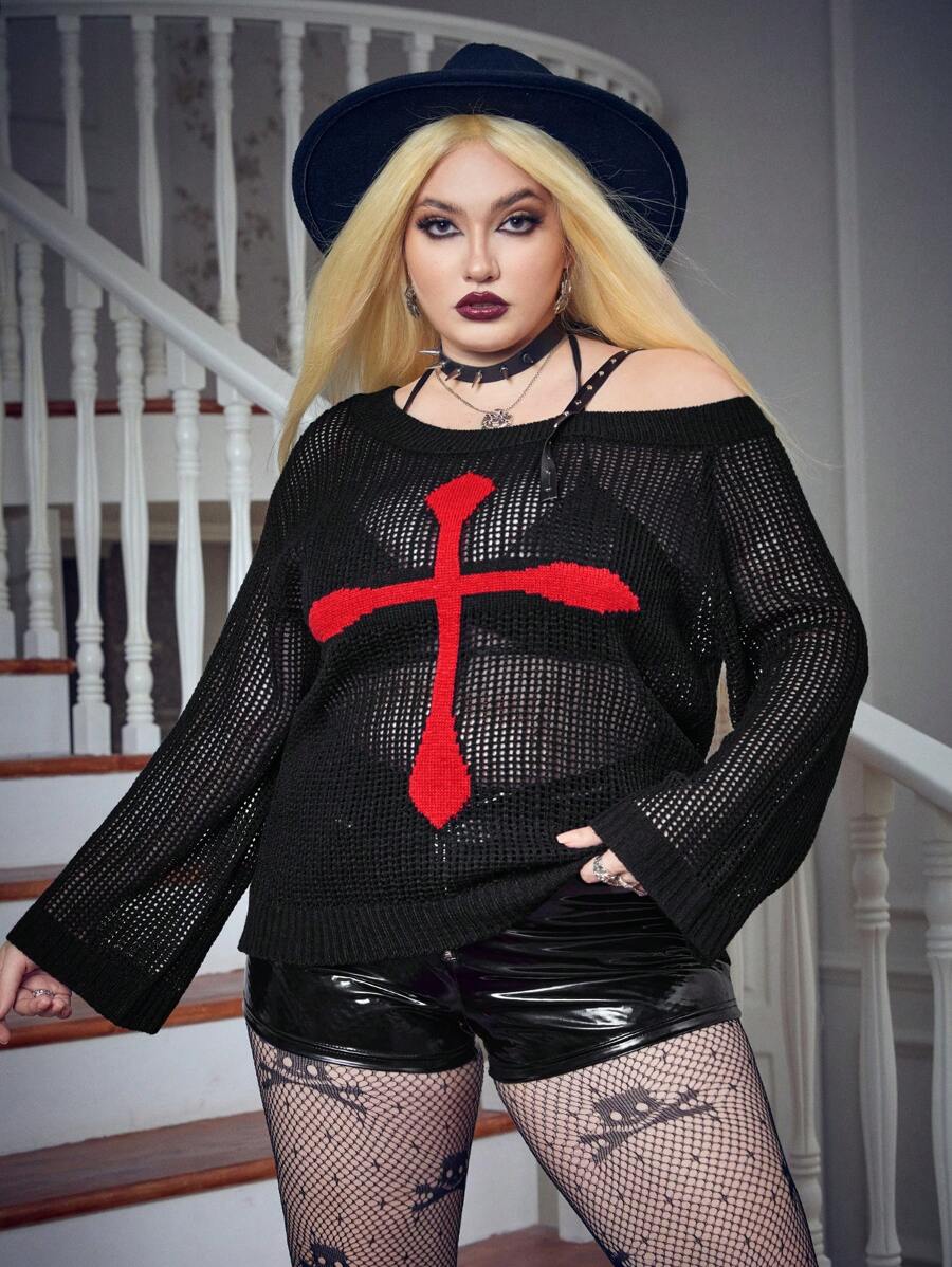 PUNK 大碼萬聖節十字架圖案落肩袖套頭毛衣 - 黑色 - 查看 1