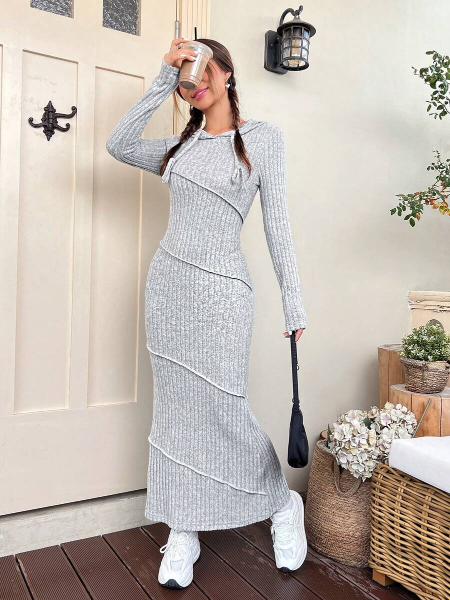 SHEIN EZwear Váy có mũ trùm đầu có gân rắn - Xám - Xem 1