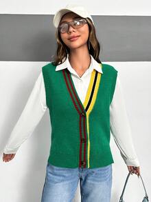 SHEIN Qutie 條紋飾邊前紐扣毛衣背心不帶襯衫 - 綠色 - 查看 6