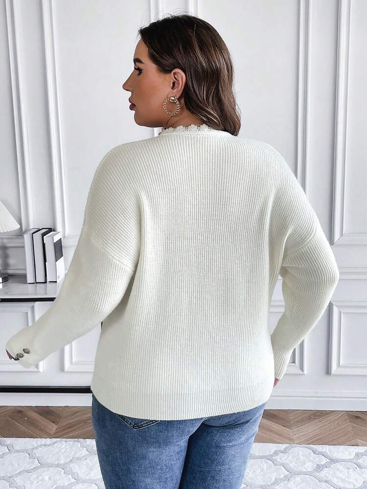 Plus Guipure Lace Trim Drop Shoulder Ribbed Knit Sweater