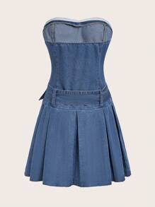 SHEIN ICON Halloween Solid Belted Denim Tube Dress - Medium Wash - View 3