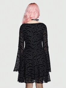 ROMWE Goth Bat Print Flare Sleeve Mesh Dress - Black - View 4
