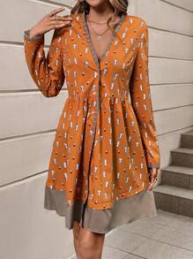 SHEIN Clasi 卡通圖案拼接邊圍裹細節洋裝 - 彩色 - 查看 5