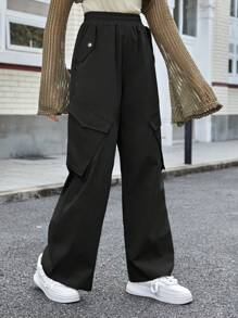 SHEIN Teen Girl Flap Pocket Side Cargo Pants - Black - View 3