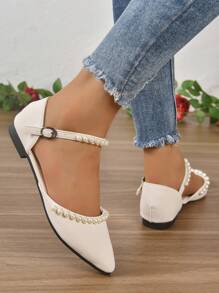 2025 Autumn Women Pointed Toe Flat Sandals, Pearl Decor Buckle Design Hollow-Out Slip-On Sandals, All Season - White - View 4