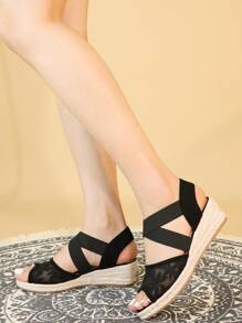 女士时尚草编网眼透气休闲度假厚底坡跟凉鞋 - 黑色 - 查看 2