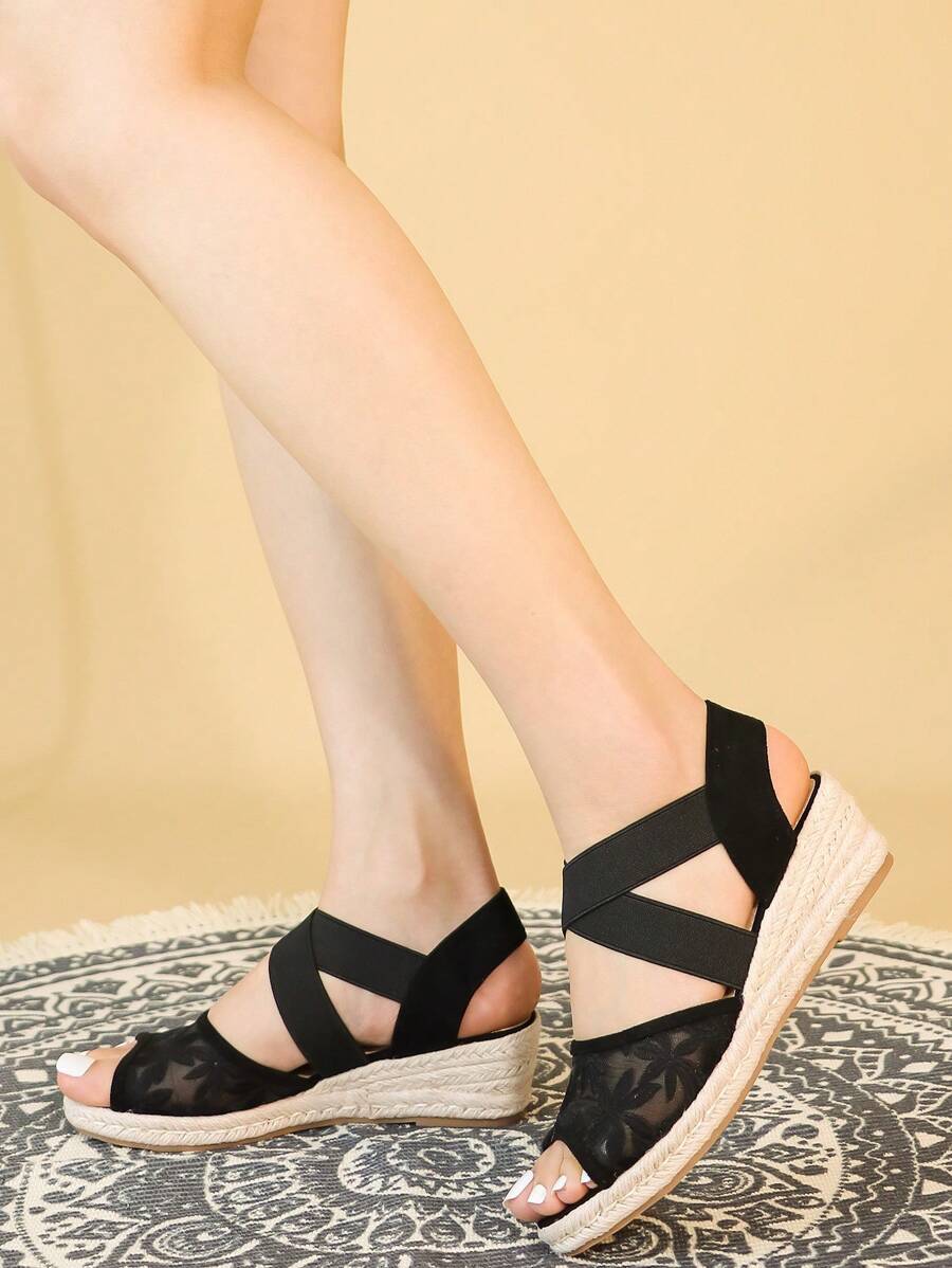 女士时尚草编网眼透气休闲度假厚底坡跟凉鞋