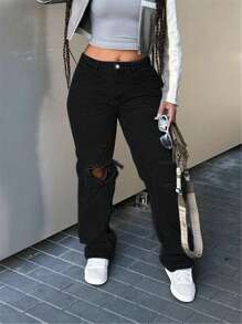 Ripped Straight Leg Jeans - Black - View 1