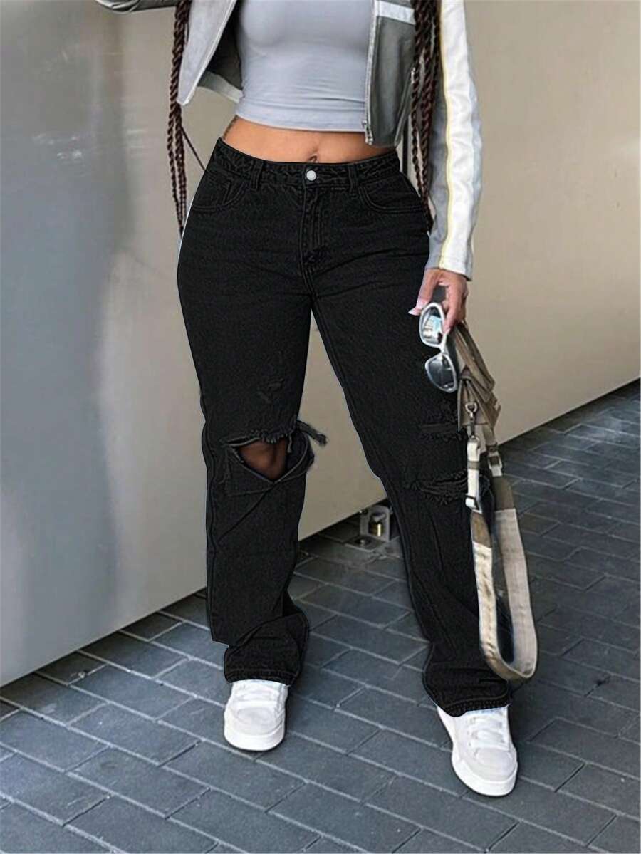 Ripped Straight Leg Jeans - Black - View 1