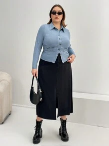 SHEIN Essnce 大碼素色前紐扣T恤 - 霧霾藍 - 查看 2