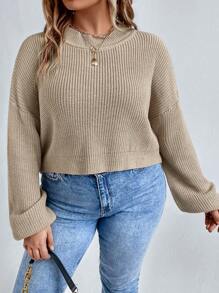 SHEIN LUNE Suéter de punto acanalado con hombros caídos talla grande, suéter de punto de invierno, suéter de otoño - Caqui - Ver 8