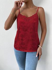 SHEIN LUNE Floral Jacquard Contrast Lace Satin Cami Top - Red - View 5