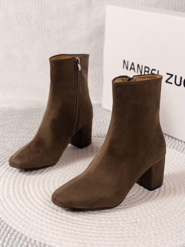 Chic Brown/Black Fashion Versatile Square Toe Anti-Slip Sole Cloth Double-Stitch Classic Elegant Lady Short Boots, Match Any Jeans, Suitable For Halloween, Party, Vacation, Wedding, Promotion