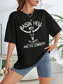 SHEIN EZwear 標語圖案落肩T恤 - 黑色 - 查看 7