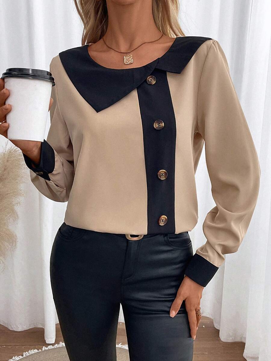 EMERY ROSE 撞色领扣细节衬衫，长袖上衣 - 卡其色 - 查看 1