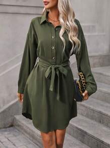 SHEIN LUNE Chất rắn Thắt lưng Váy sơ mi - xanh quân đội - Xem 4