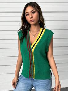 SHEIN Qutie 條紋飾邊前紐扣毛衣背心不帶襯衫 - 綠色 - 查看 5