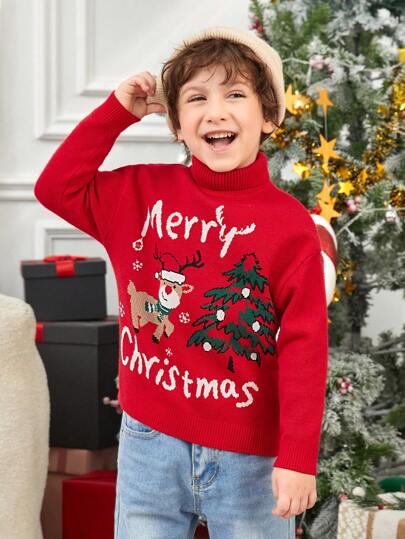 SHEIN Chico joven 1 pieza Jersey árbol de Navidad & con patrón de slogan de cuello tortuga de hombros caídos