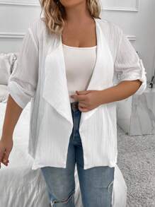 SHEIN LUNE Hơn Cổ áo thác nước Tay áo cuộn Mở Mặt trước áo - trắng - Xem 5