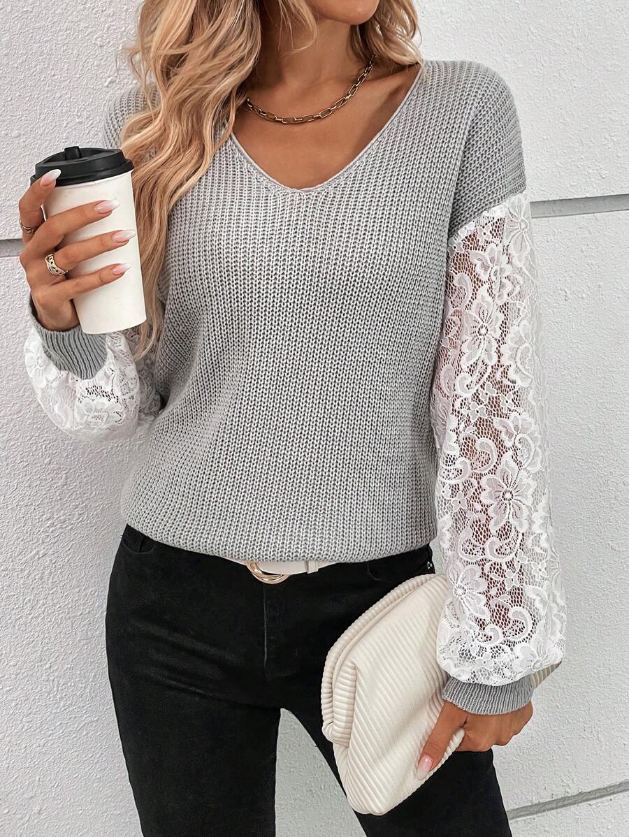 SHEIN LUNE Ren tương phản Tay áo lồng đèn Cổ v Áo len - Xám - Xem 1