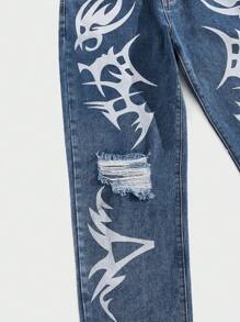 ROMWE MEN Guys Graphic Print Ripped Frayed Straight Leg Jeans - Medium Wash - View 3