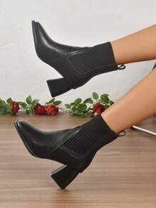 女士时尚高跟弹力踝靴、女士踝靴和短靴、百搭时尚靴子 - 黑色 - 查看 5