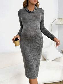 SHEIN 孕婦堆堆領雜色針織緊身洋裝 - 深灰色 - 查看 3
