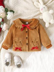 Baby Girl Cartoon Embroidery Peter Pan Collar Bow Front Jacket - Khaki - View 1