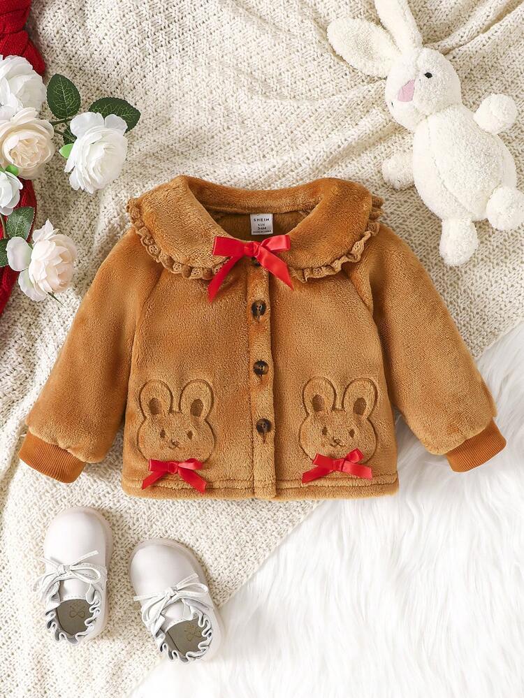 Baby Girl Cartoon Embroidery Peter Pan Collar Bow Front Jacket