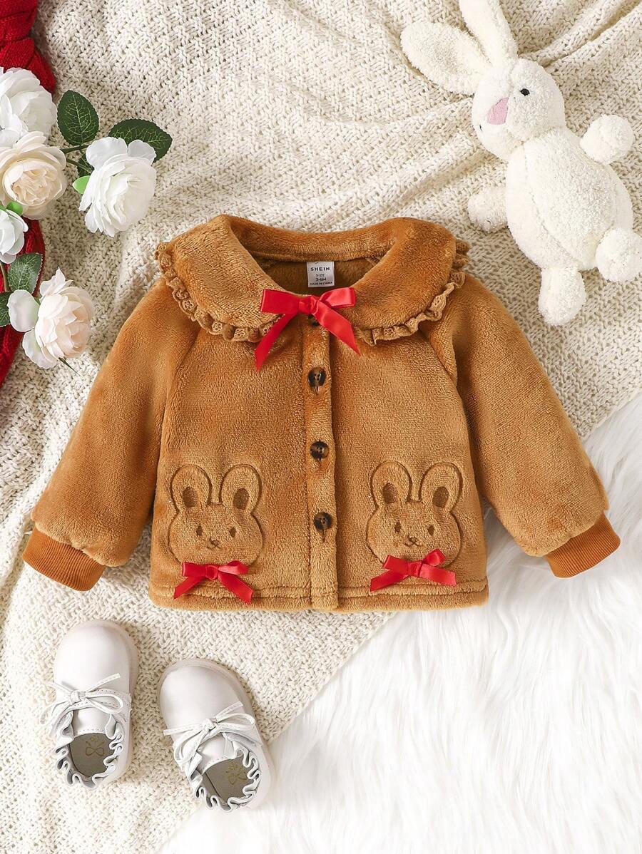 Baby Girl Cartoon Embroidery Peter Pan Collar Bow Front Jacket - Khaki - View 1