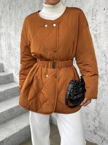 SHEIN Essnce Drop Shoulder Double Breasted Belted Quilted Coat - Apricot - View 4