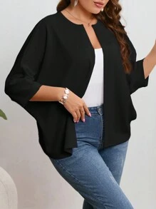 SHEIN Essnce Plus Solid Open Front Batwing Sleeve Jacket Winter Fall Autumn - Black - View 1