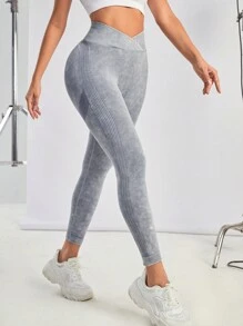 SHEIN Sports Thắt lưng băng rộng Quần Xà cạp thể thao - Màu Xám nhạt - Xem 4