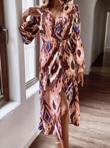 Chiquease 滿版印花燈籠袖高衩洋裝 - 咖啡棕 - 查看 5