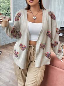 Flirla Hơn Thuốc nhuộm Không gian Hình trái tim Thả vai Áo len Duster - Màu be - Xem 7