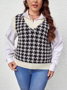SHEIN LUNE 大碼千鳥格圖案毛衣背心不帶襯衫 - 黑與白 - 查看 4
