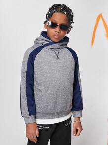 SHEIN Tween Boy Contrast Raglan Sleeve Hooded Sweatshirt - Grey - View 3