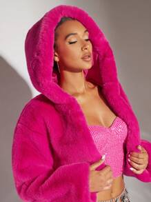 SHEIN BAE Solid Open Front Fuzzy Coat In Fall/Winter - Hot Pink - View 6