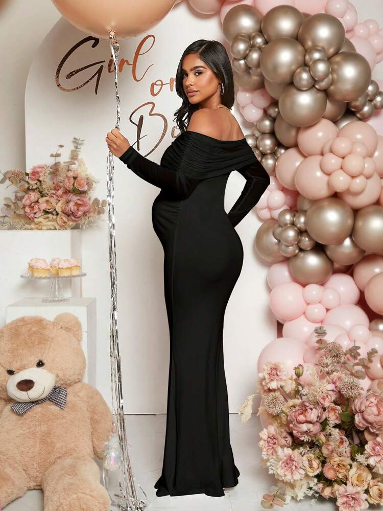 Pregnant Women Off-Shoulder Fishtail Baby Shower Long Sleeve Dress For Maternity