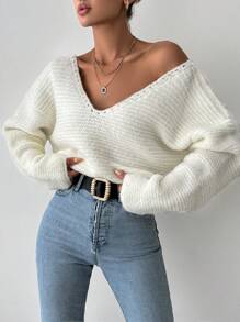 EURMUSE Solid Drop Shoulder V Neck Sweater - White - View 3