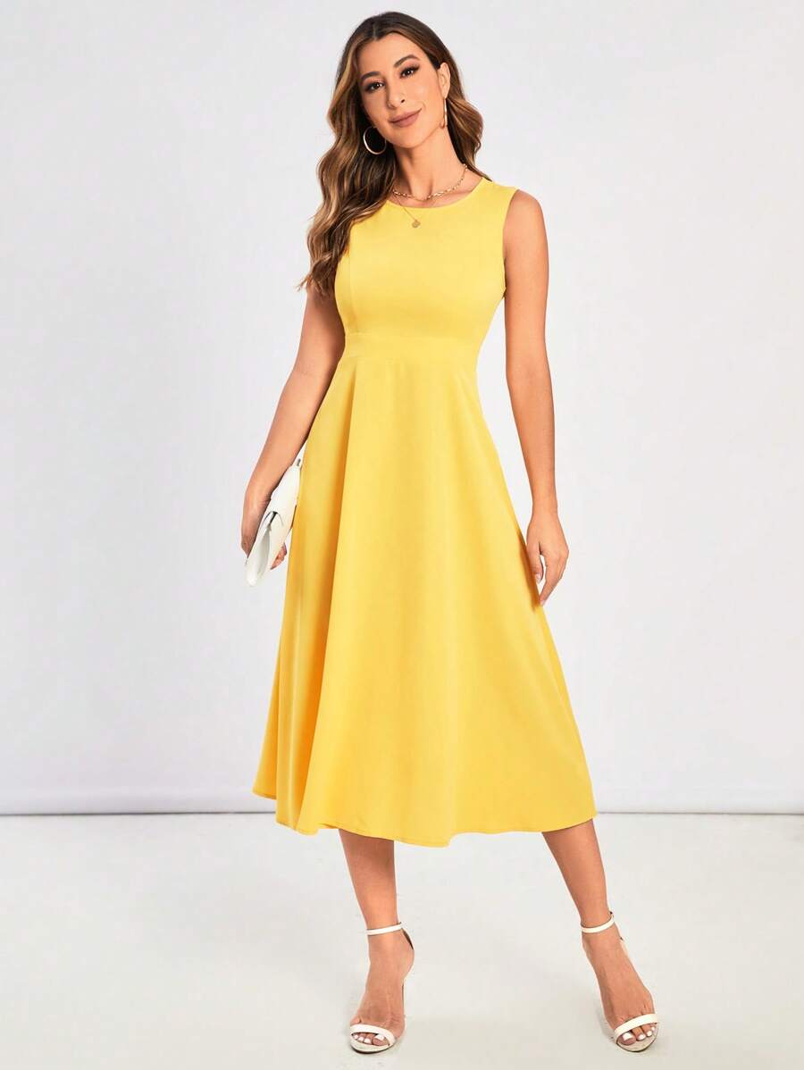 SHEIN Clasi Solid A-line Dress - Yellow - View 1