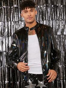 FeverCity Loose Fit Men's Holographic Zip Up Pu Leather Jacket - Black - View 3