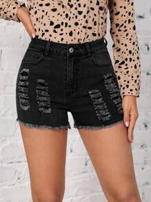 Ripped Raw Hem Denim Shorts - Black - View 4