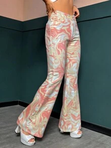 SHEIN ICON Marble Print Flare Leg Jeans - Multicolor - View 2