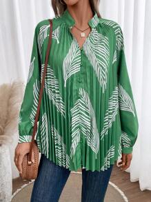 Breezaya Bản in nhiệt đới Đường viền cổ có rãnh Tay áo lồng đèn Áo sơ mi - Màu xanh lá cây đậm - Xem 5