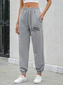 RueChic Letter Graphic Elastic Waist Sweatpants - Light Grey - View 3